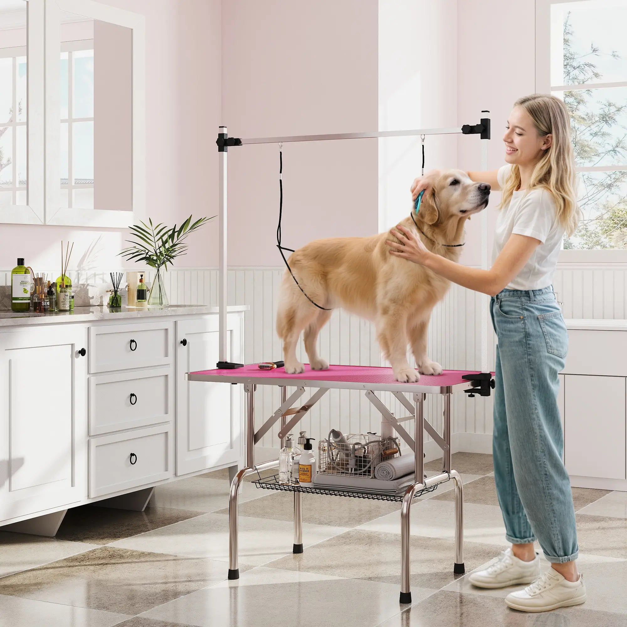 Adjustable Dog Grooming Table with 2 Safety Slings, Storage Basket, Pink Dog Grooming Tables at Gallery Canada