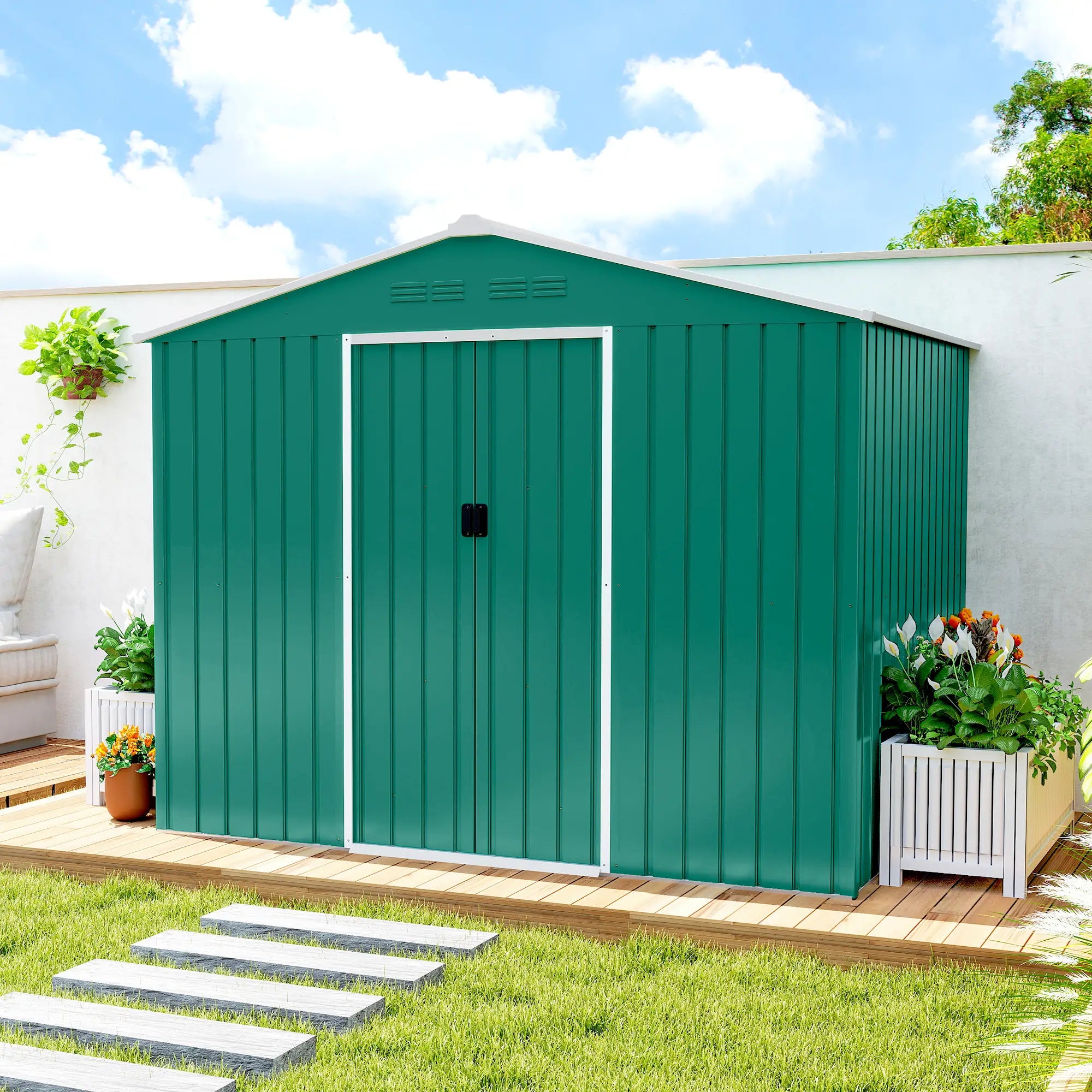 8' x 6' Metal Outdoor Storage Shed, Lockable Sliding Doors, Green Sheds at Gallery Canada