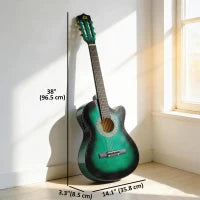 Guitare acoustique électrique de 38 pouces, cordes, médiators, sangle, étui, vert foncé