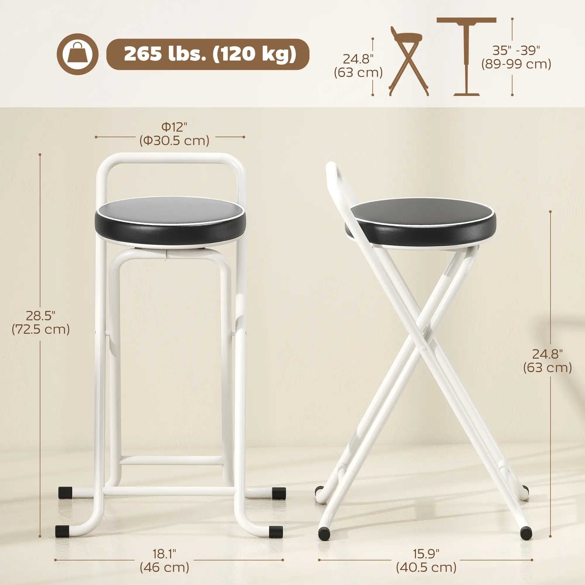 Foldable Bar Stools Set Of 2, PU Cushioned Seat, Footrest, Black Bar Stools at Gallery Canada