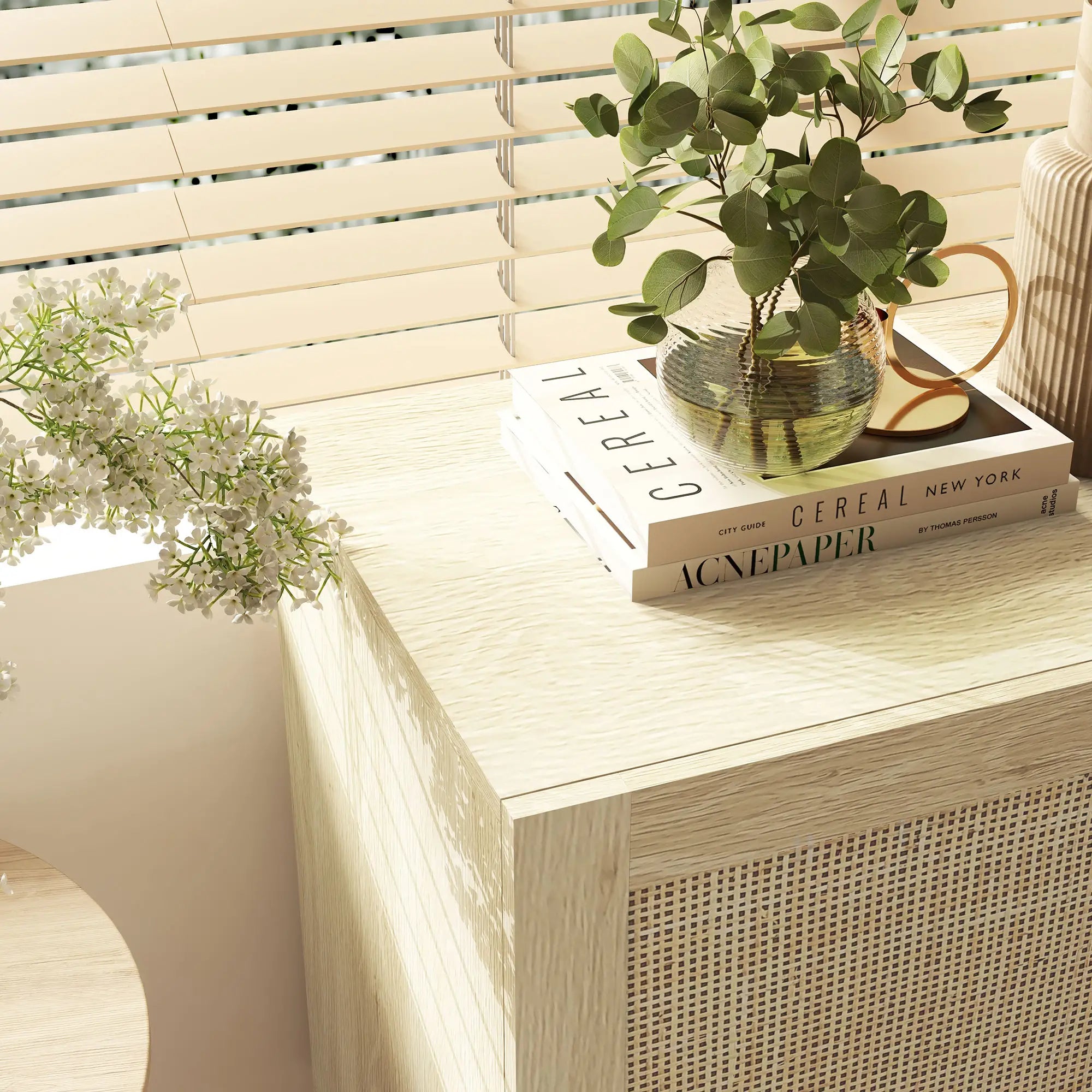 Boho Sideboard Buffet, 3 Rattan Doors, Adjustable Shelves, Natural Storage Cabinets at Gallery Canada