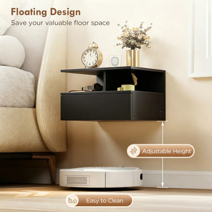 Floating Nightstand Set of 2, Wall Mounted Bedside Table with with Power Outlets, Drawer and Shelf, Black