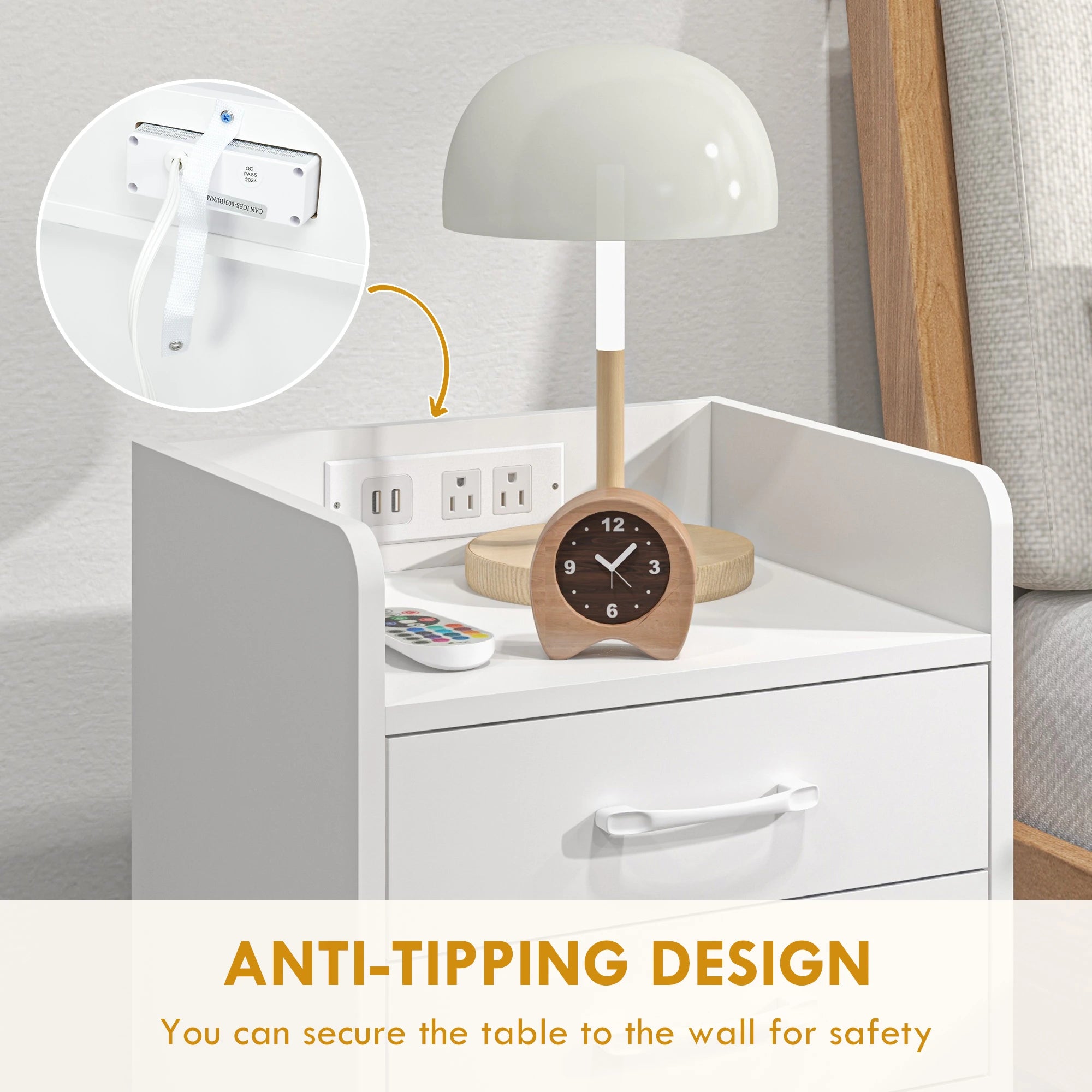 Tall Nightstand with Charging Station and LED Lights, Small Bedside Table with AC Outlets, USB Ports, 2 Drawers, Shelf Bedside Tables at Gallery Canada
