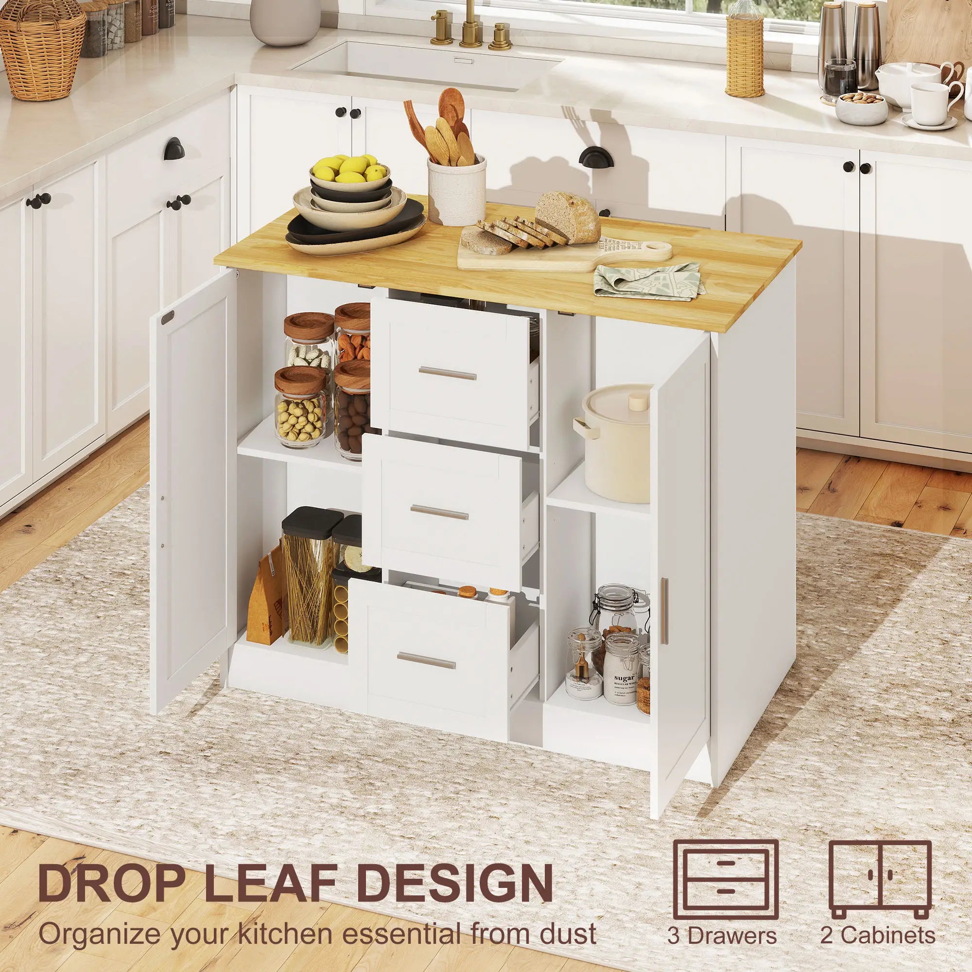 Kitchen Island with Storage, 3 Drawers, 2 Shelves, White Kitchen Islands & Kitchen Carts at Gallery Canada