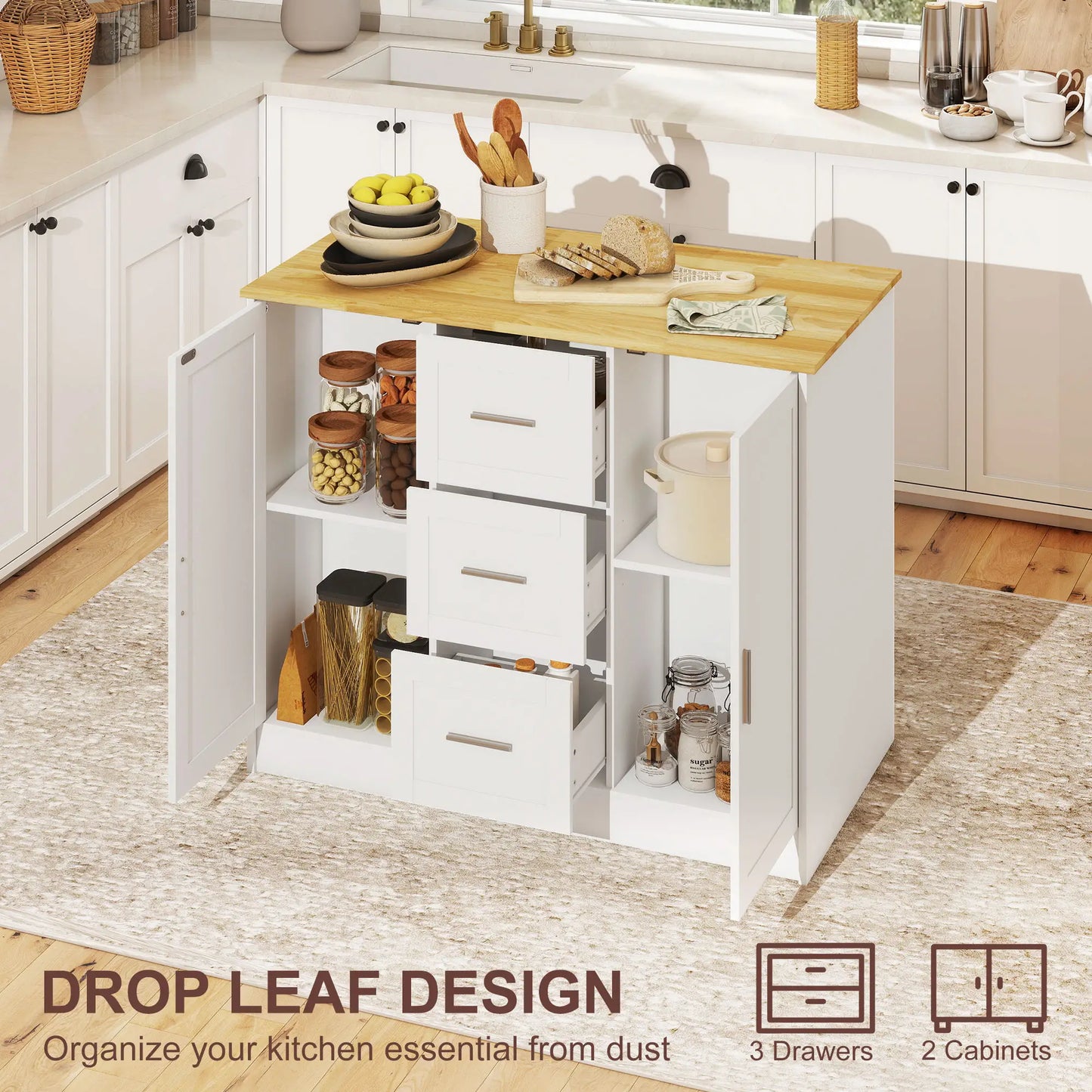 Kitchen Island with Storage, 3 Drawers, 2 Shelves, White Kitchen Islands & Kitchen Carts at Gallery Canada