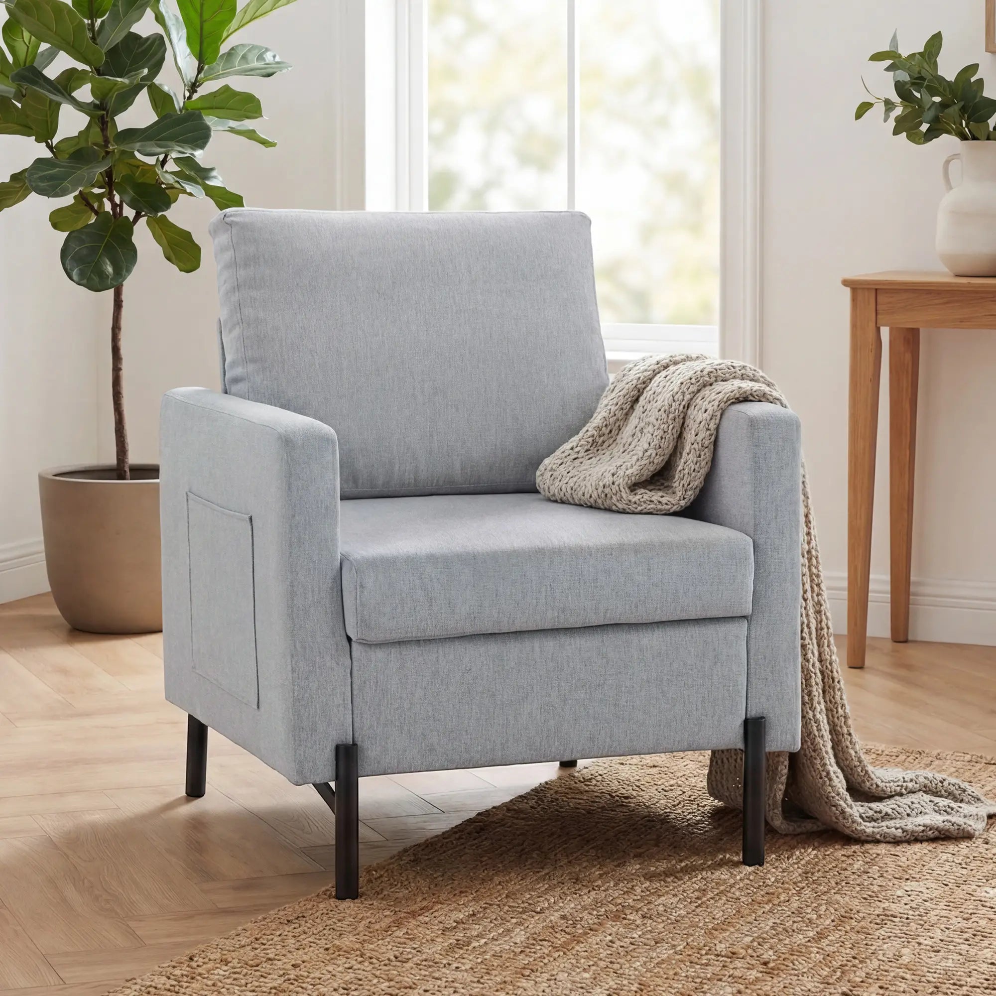 Modern Upholstered Armchair With Side Pockets, Cushion, Light Grey Accent Chairs at Gallery Canada