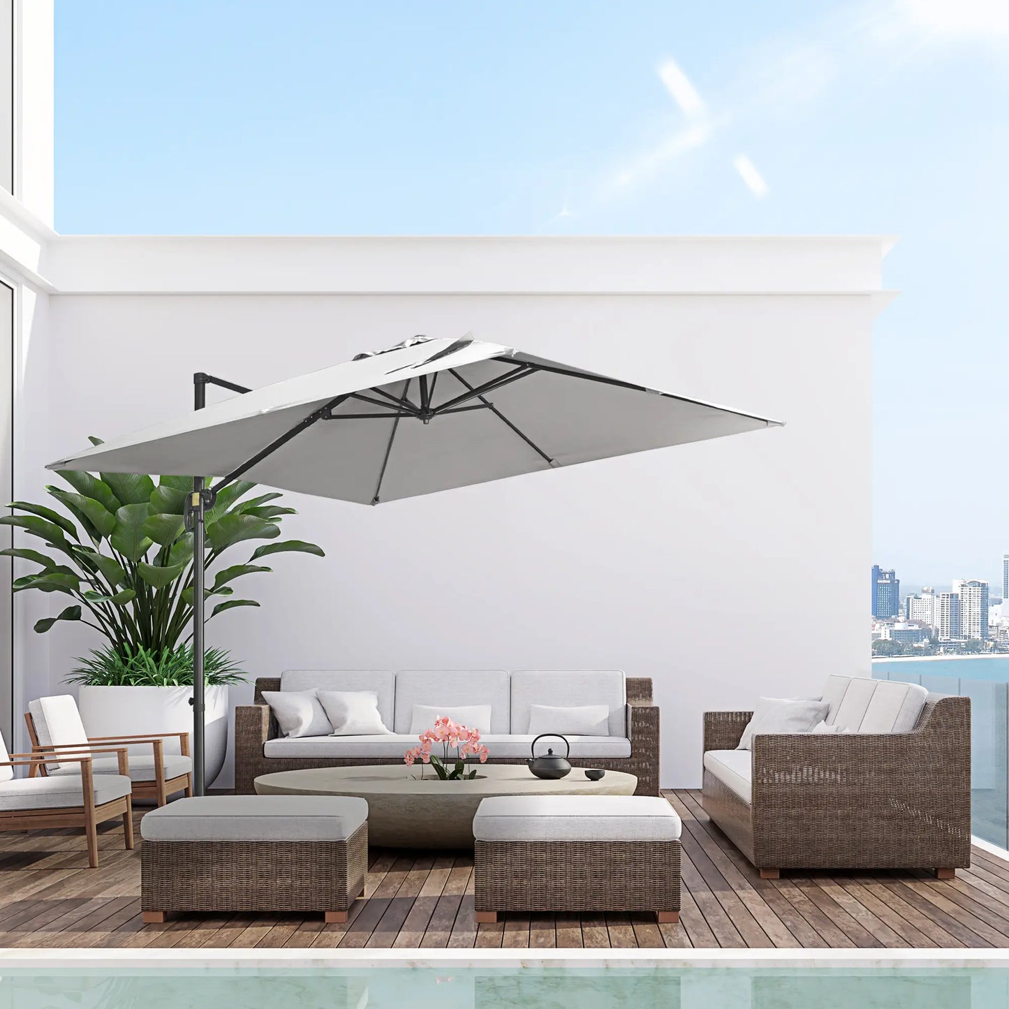 9ft Square Cantilever Patio Umbrella, Cross Base, Crank Handle, Light Grey Offset Cantilever Umbrellas at Gallery Canada