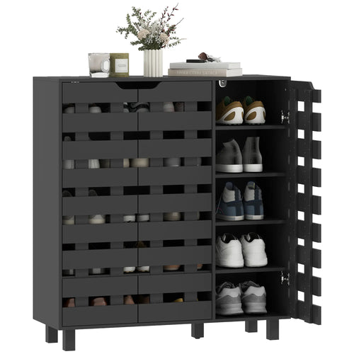 Shoe Cabinet, 20 Pair Storage with Hollowed-Out Doors, Black