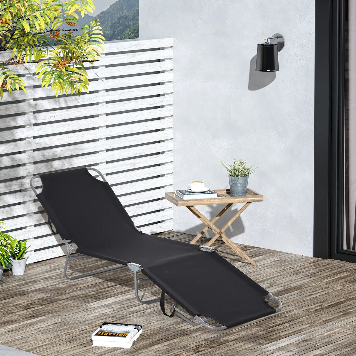 Outdoor Folding Chaise Lounge, Adjustable Backrest, Breathable Mesh, Black Lounger Chairs at Gallery Canada