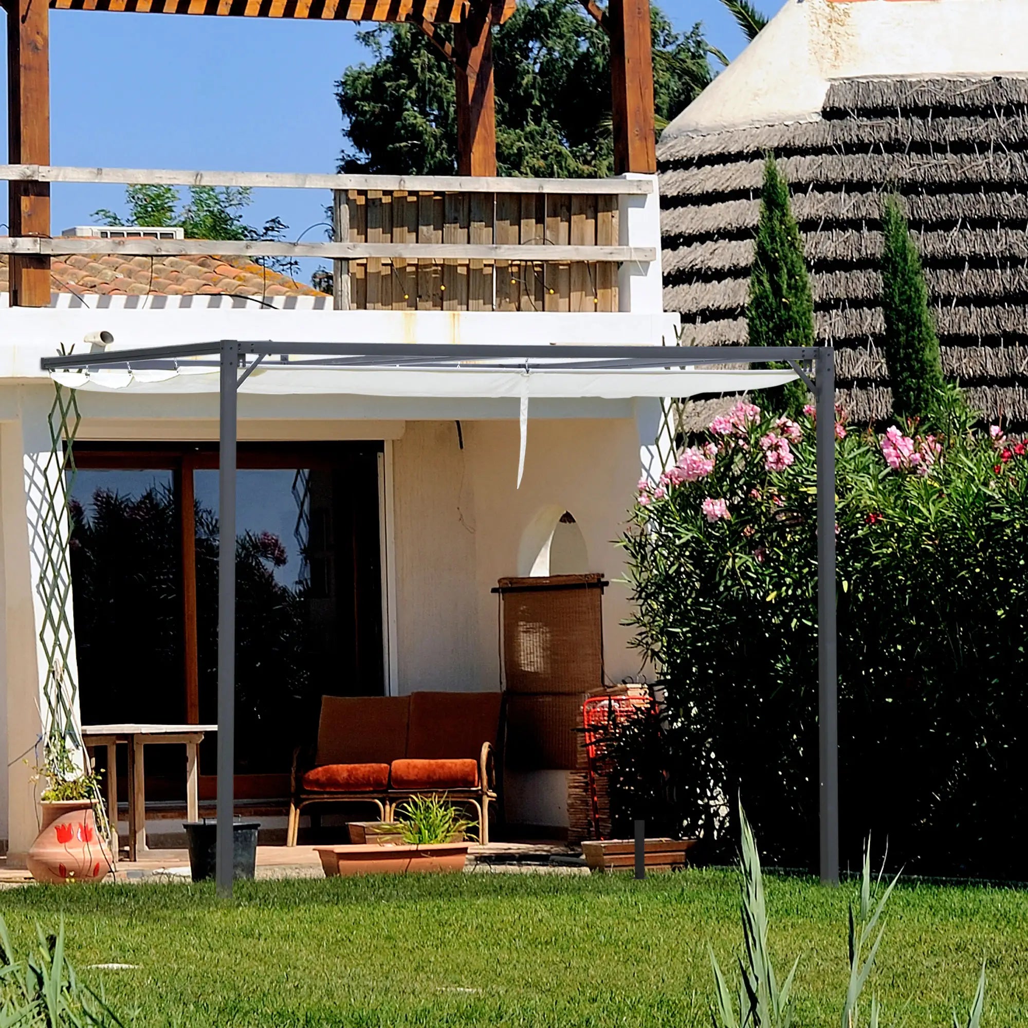 10'x10' Outdoor Pergola Gazebo, Retractable Canopy, Metal Frame, Cream White Pergolas at Gallery Canada