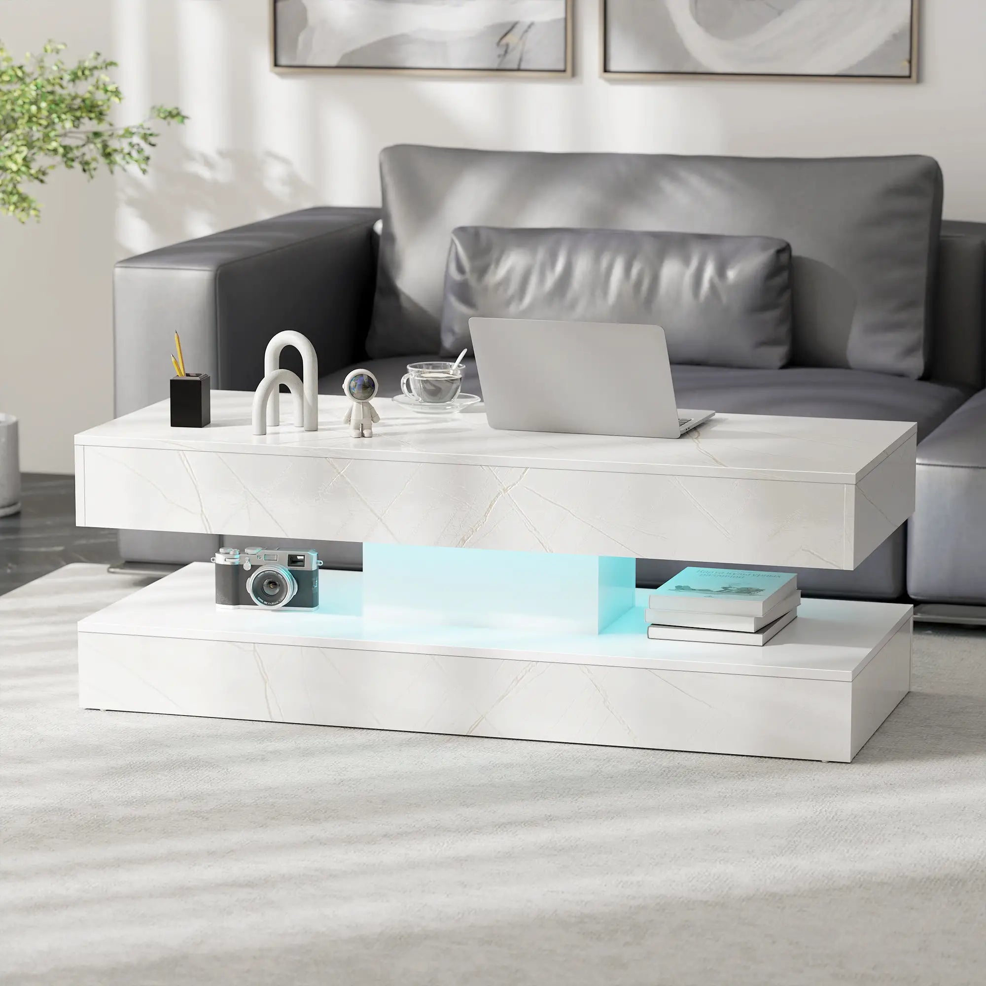 Adjustable LED Coffee Table, 2 Drawers, Open Shelf, Remote, White Coffee Tables at Gallery Canada