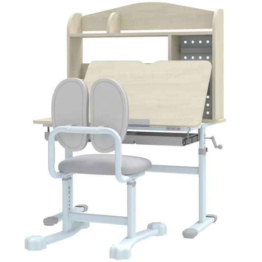 Kids Desk Chair Set, Adjustable Height, Tilting Desktop, Drawer Shelves, Grey Kids Desk Sets White, Grey, Wood Grain at Gallery Canada