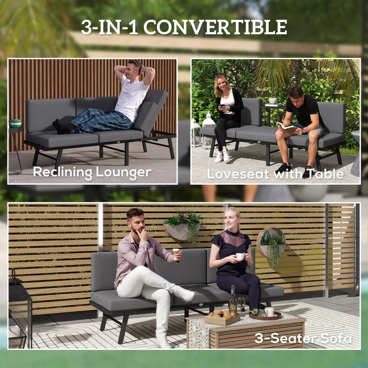 3-en-1 Canapé d'extérieur 3 places, Chaise longue, Canapé d'extérieur avec table, Gris
