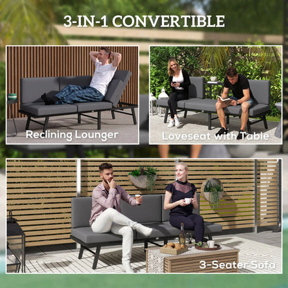 3-en-1 Canapé d'extérieur 3 places, Chaise longue, Canapé d'extérieur avec table, Gris