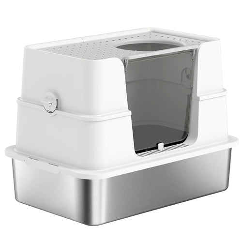 XL Stainless Steel Litter Box, 100° Flip Top, Scoop, Dual Entry, Odor Free