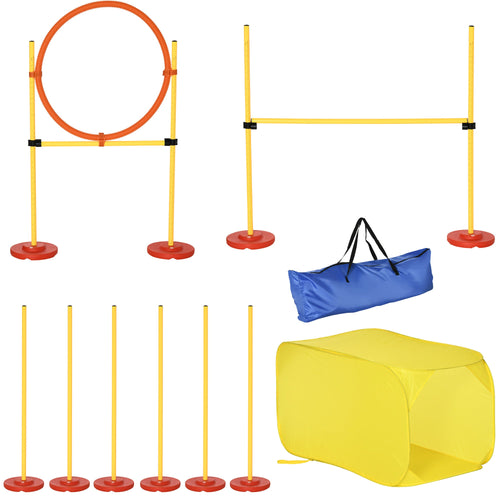 4PCs Portable Pet Agility Training Obstacle Set for Dogs w/ Adjustable Weave Pole, Jumping Ring, Adjustable High Jump, Tunnel and Carrying Bag