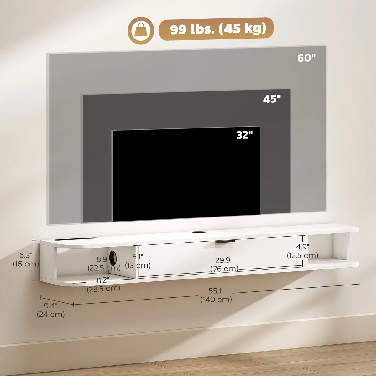 55 Inch Floating TV Stand, Wall Mounted Media Console, Flip Drawer, 2 Shelves, White TV Stands at Gallery Canada