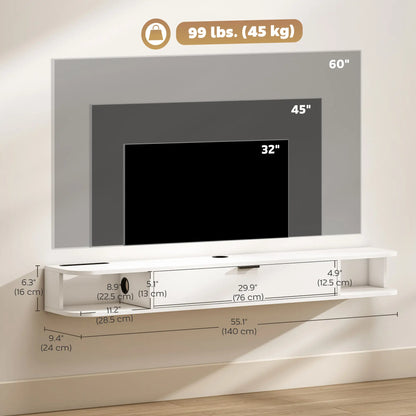 55 Inch Floating TV Stand, Wall Mounted Media Console, Flip Drawer, 2 Shelves, White TV Stands at Gallery Canada