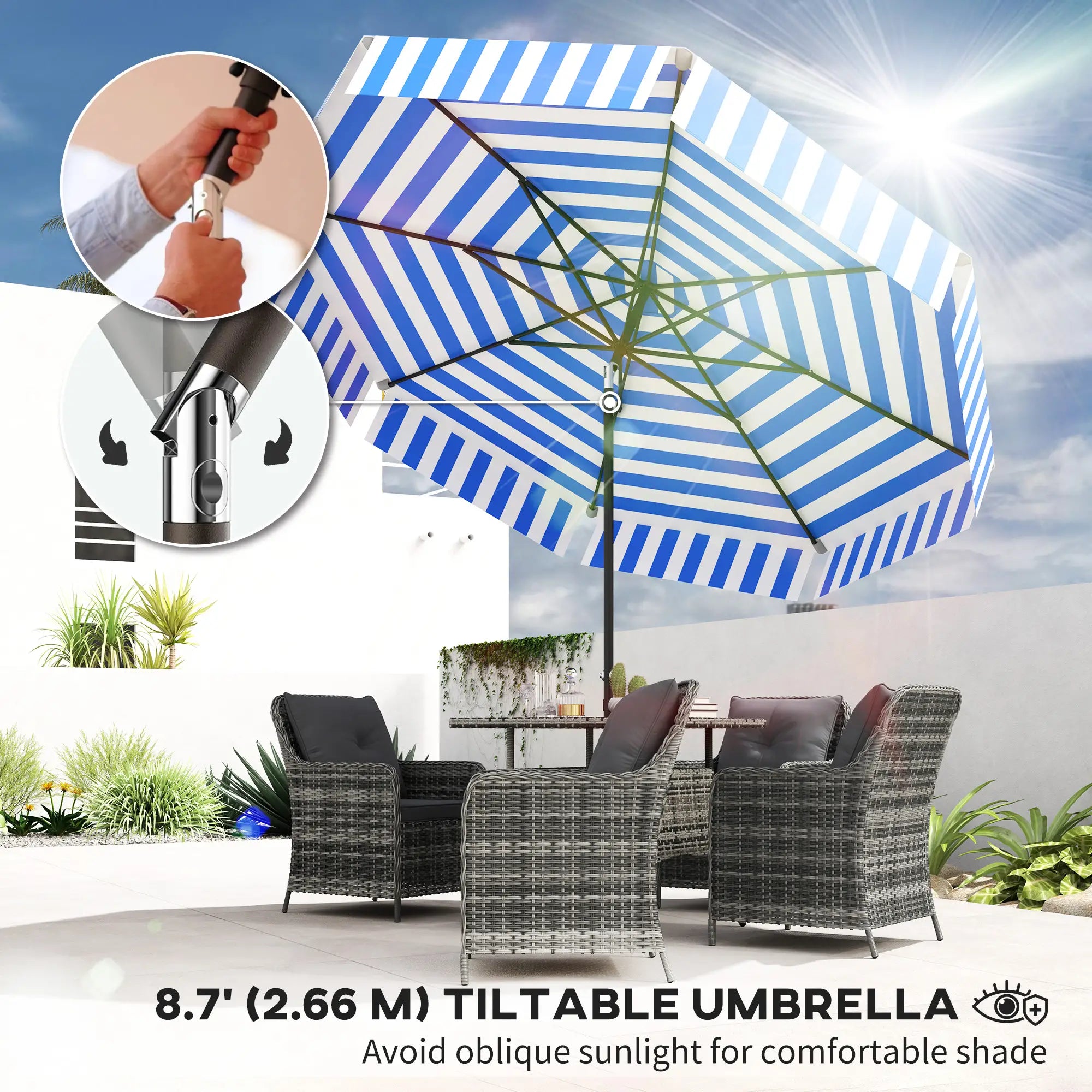 8.7FT Tilting Patio Umbrella, 8 Ribs, Crank Handle, Navy Blue Sun Umbrellas at Gallery Canada