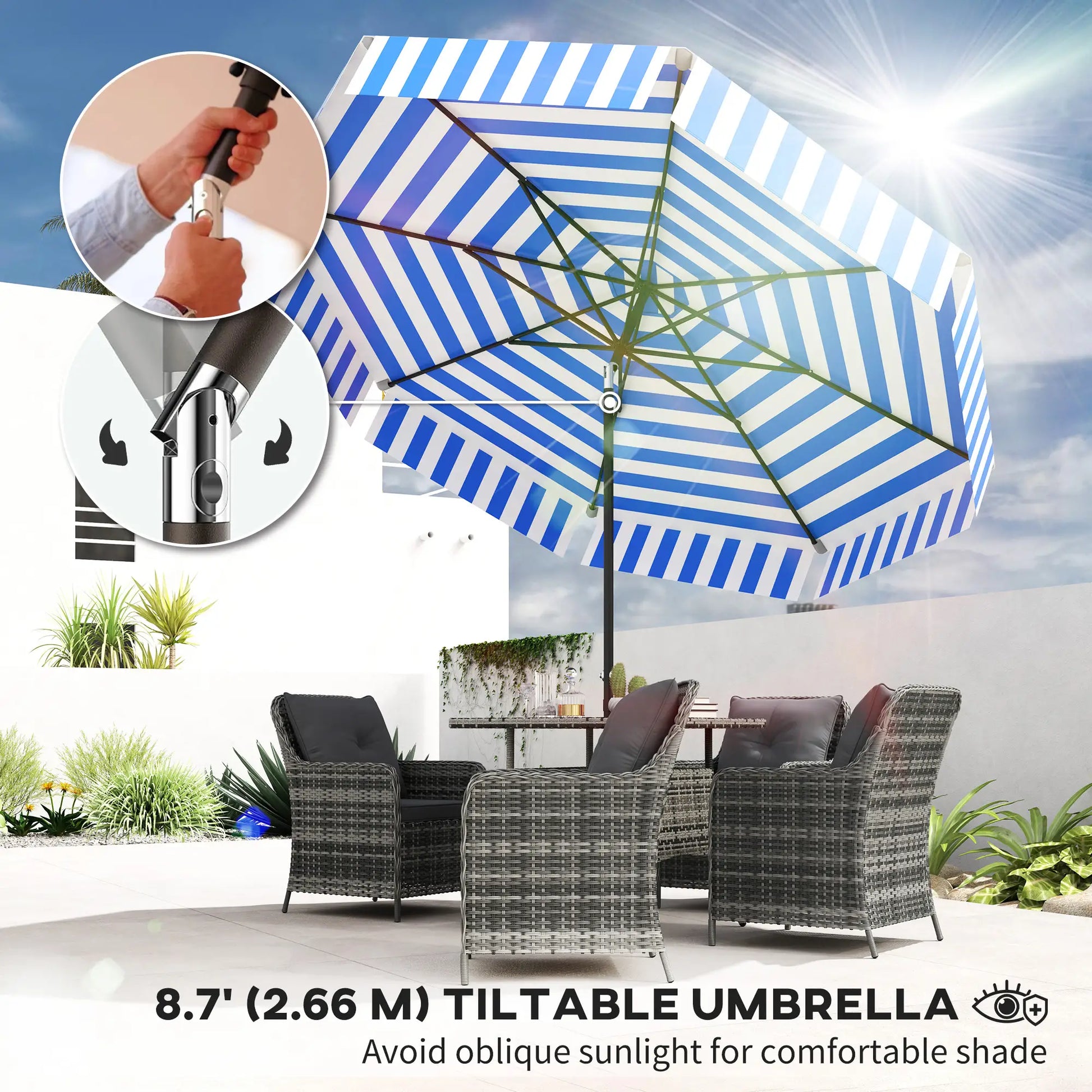 8.7FT Tilting Patio Umbrella, 8 Ribs, Crank Handle, Navy Blue Sun Umbrellas at Gallery Canada
