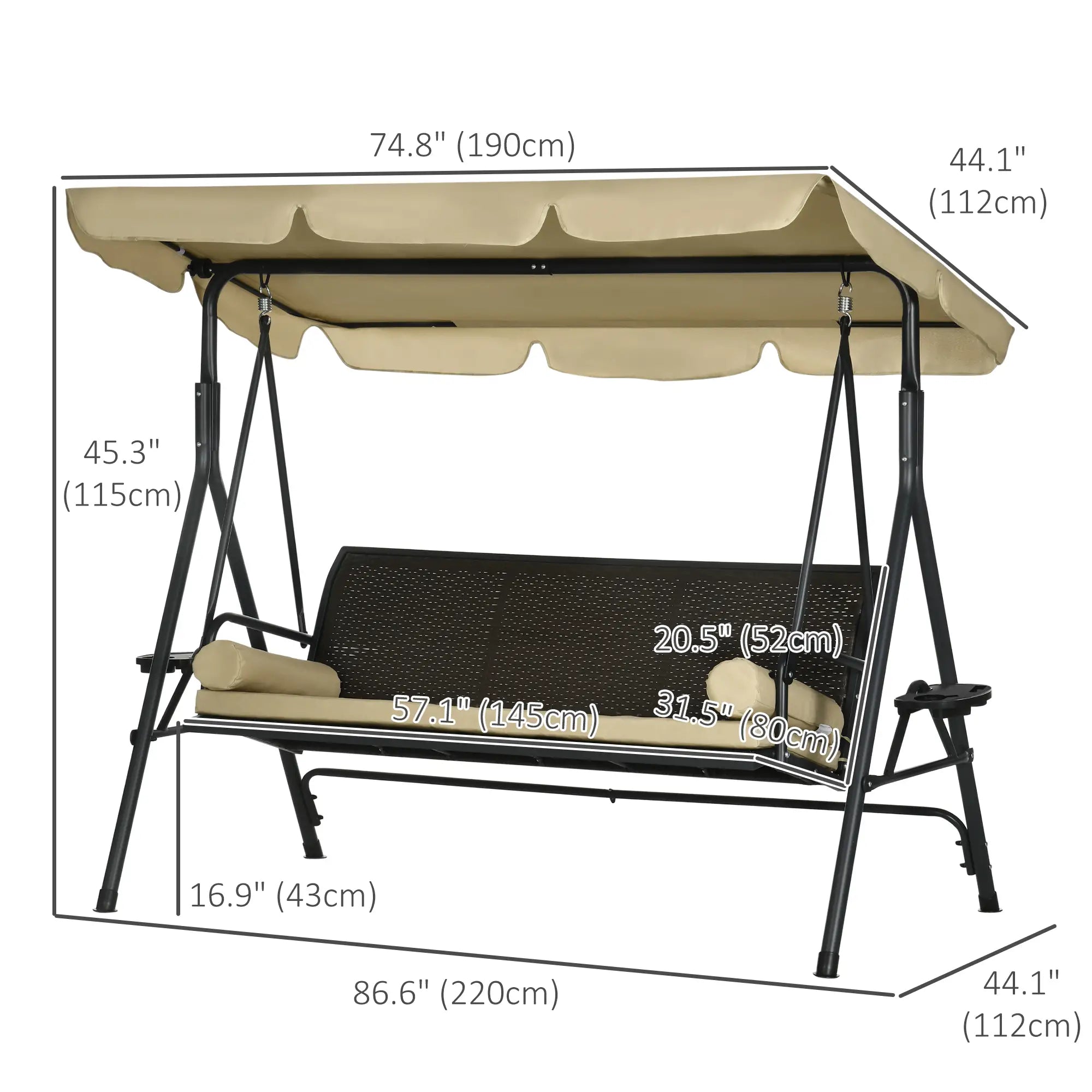 3-Seat Porch Swing with Canopy, Rattan Seat, Removable Cushion Patio Swings with Stand at Gallery Canada