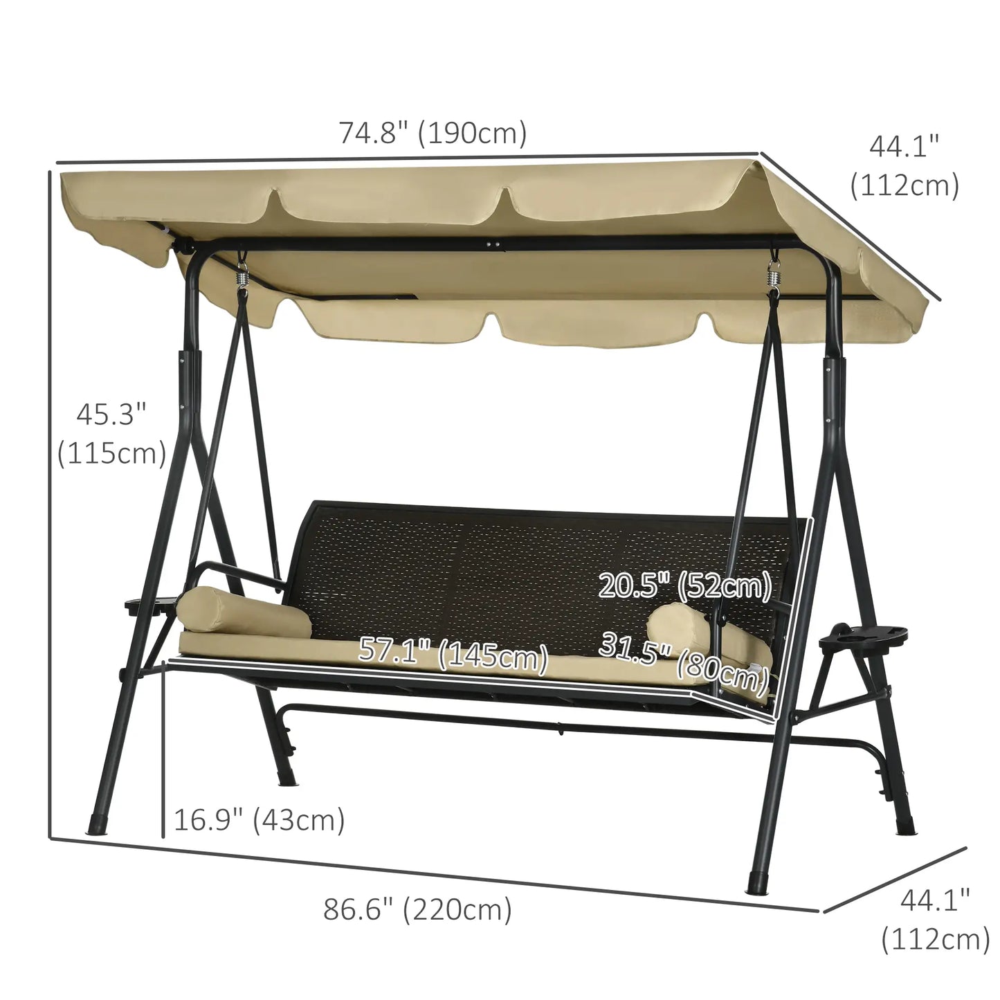 3-Seat Porch Swing with Canopy, Rattan Seat, Removable Cushion Patio Swings with Stand at Gallery Canada