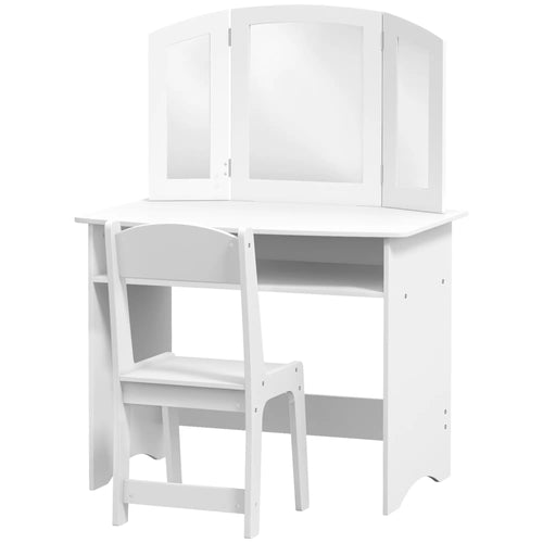 Kids Vanity Set, Tri-Folding Mirror, Stool, Storage Shelf