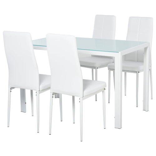 Dining Table Set for 4, 5-Piece Rectangular Glass Kitchen Table and Chairs with Metal Frame and Faux Leather Upholstery for Dining Room, Living Room, White