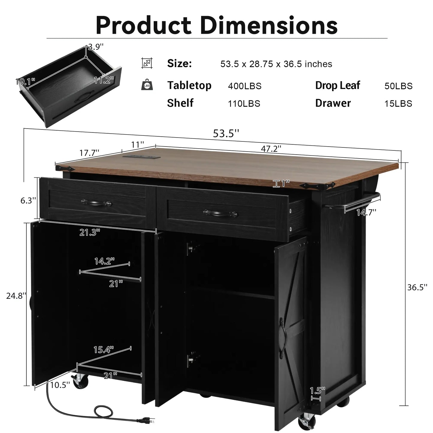 Kitchen Island with Spice Rack, Storage Drawers, Power Outlet, 53.5" L x 29" W x 36.5" H, Black Kitchen Islands & Kitchen Carts at Gallery Canada