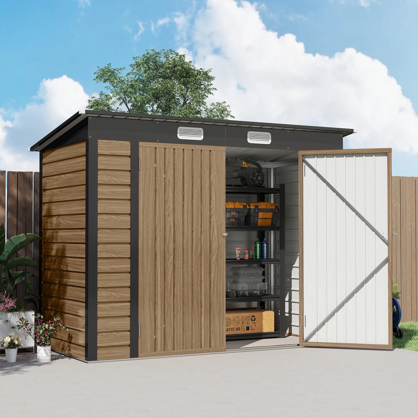 8 x 4FT Galvanized Metal Garden Storage Shed, Double Doors, 2 Vents, Teak Sheds at Gallery Canada