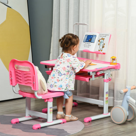 Kids Desk and Chair Set Height Adjustable Student Writing Desk Children School Study Table with Tilt Desktop, LED Lamp, Pen Box, Drawer, Reading Board, Cup Holder, Pink - Gallery Canada