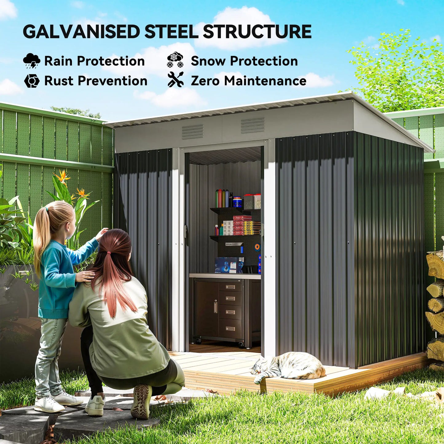 7' x 4' Outdoor Storage Shed, Metal Garden Tool Organizer, Lockable Doors, Charcoal Grey Sheds at Gallery Canada