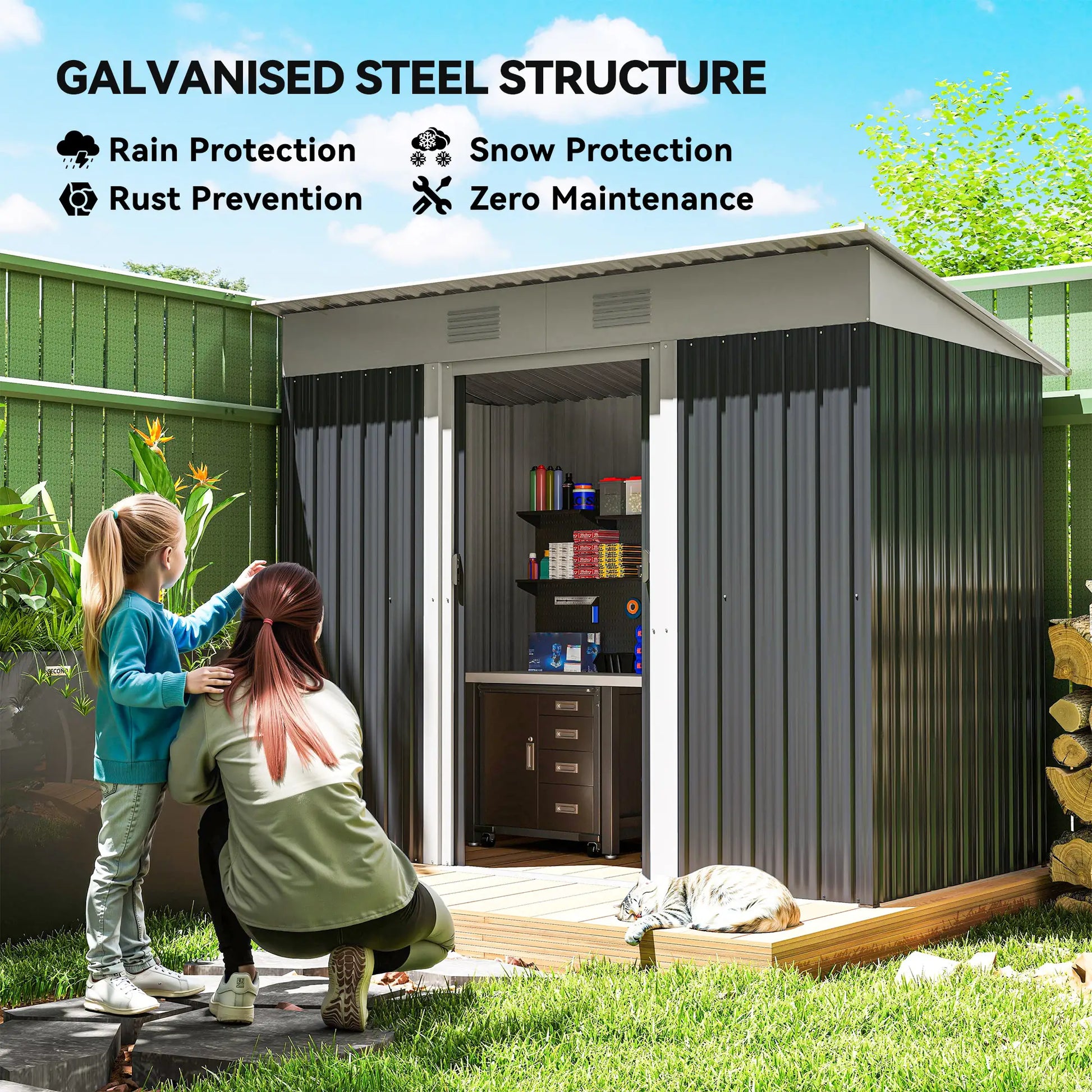 7' x 4' Outdoor Storage Shed, Metal Garden Tool Organizer, Lockable Doors, Charcoal Grey Sheds at Gallery Canada