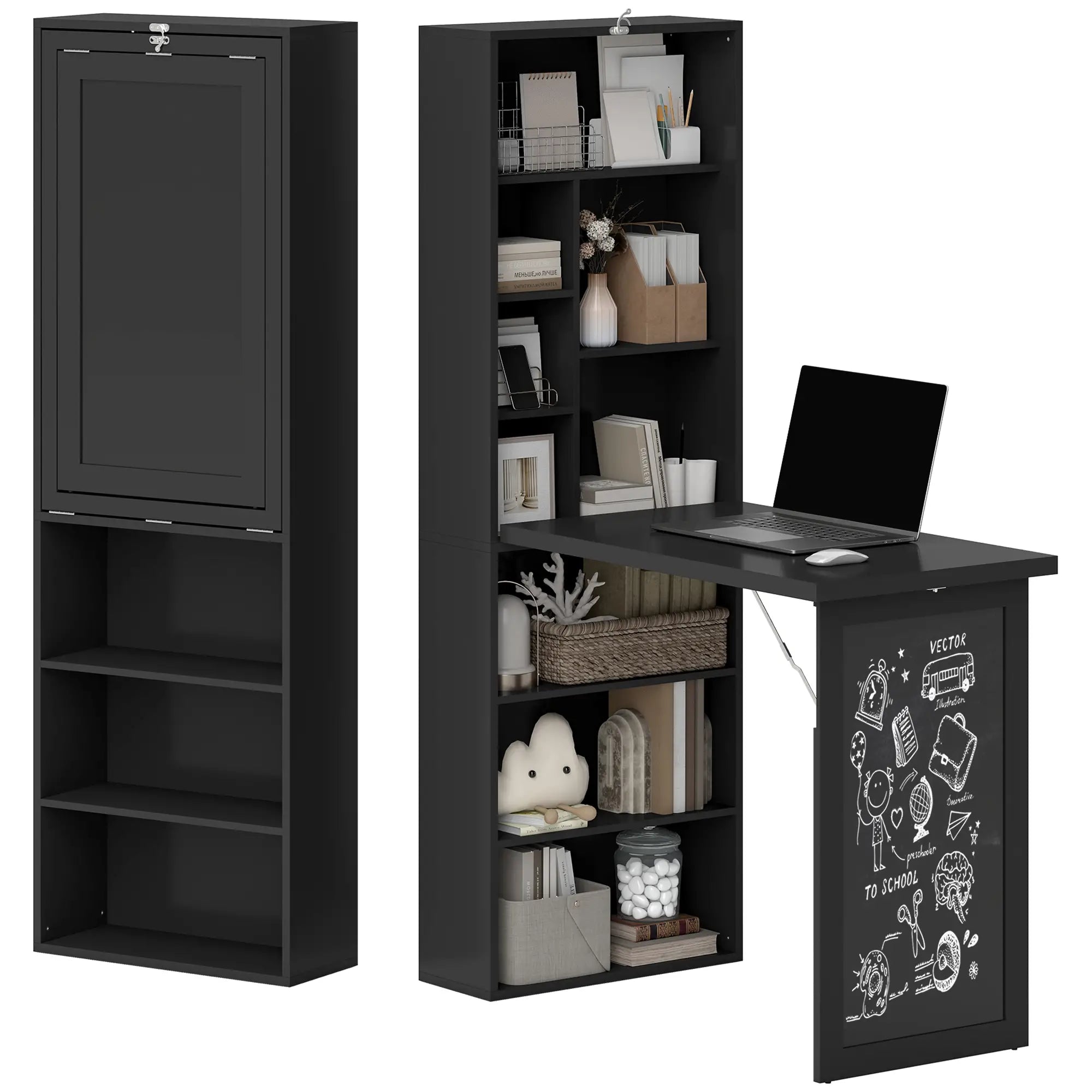 Fold-Out Convertible Office Desk, Wall Mount Computer Desk, Blackboard, Side Shelf, Black Computer Desks at Gallery Canada