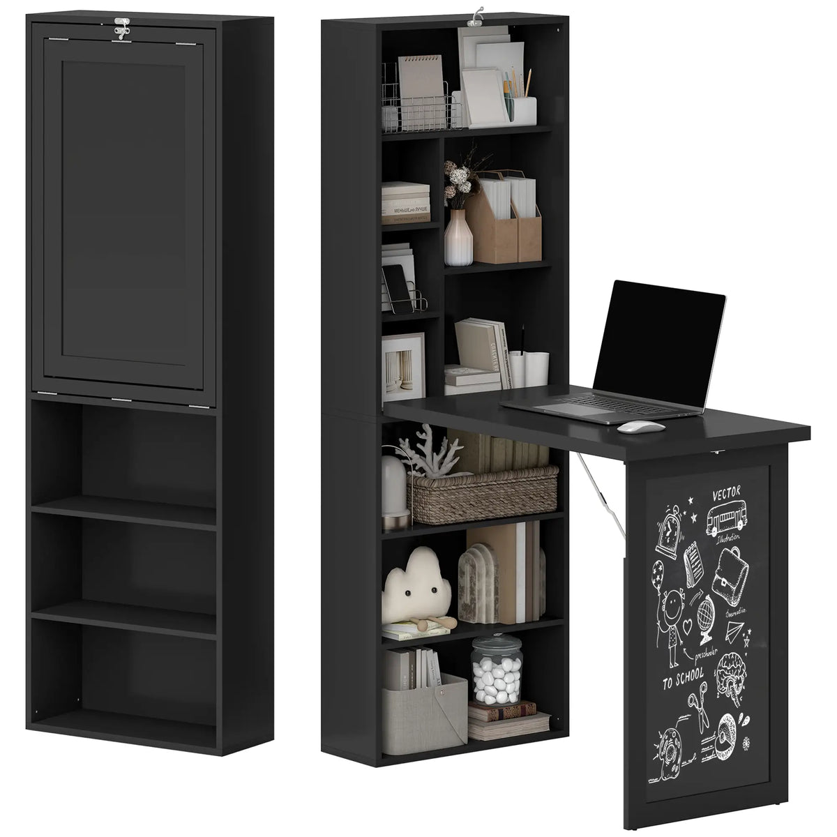 Fold-Out Convertible Office Desk, Wall Mount Computer Desk, Blackboard, Side Shelf, Black Computer Desks at Gallery Canada