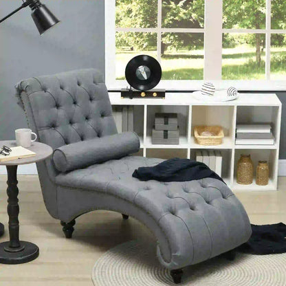 Button Tufted Chaise Lounge Chair, Upholstered with Bolster Pillow, Wood Legs, Nailhead Trim, Grey Single Sofas at Gallery Canada