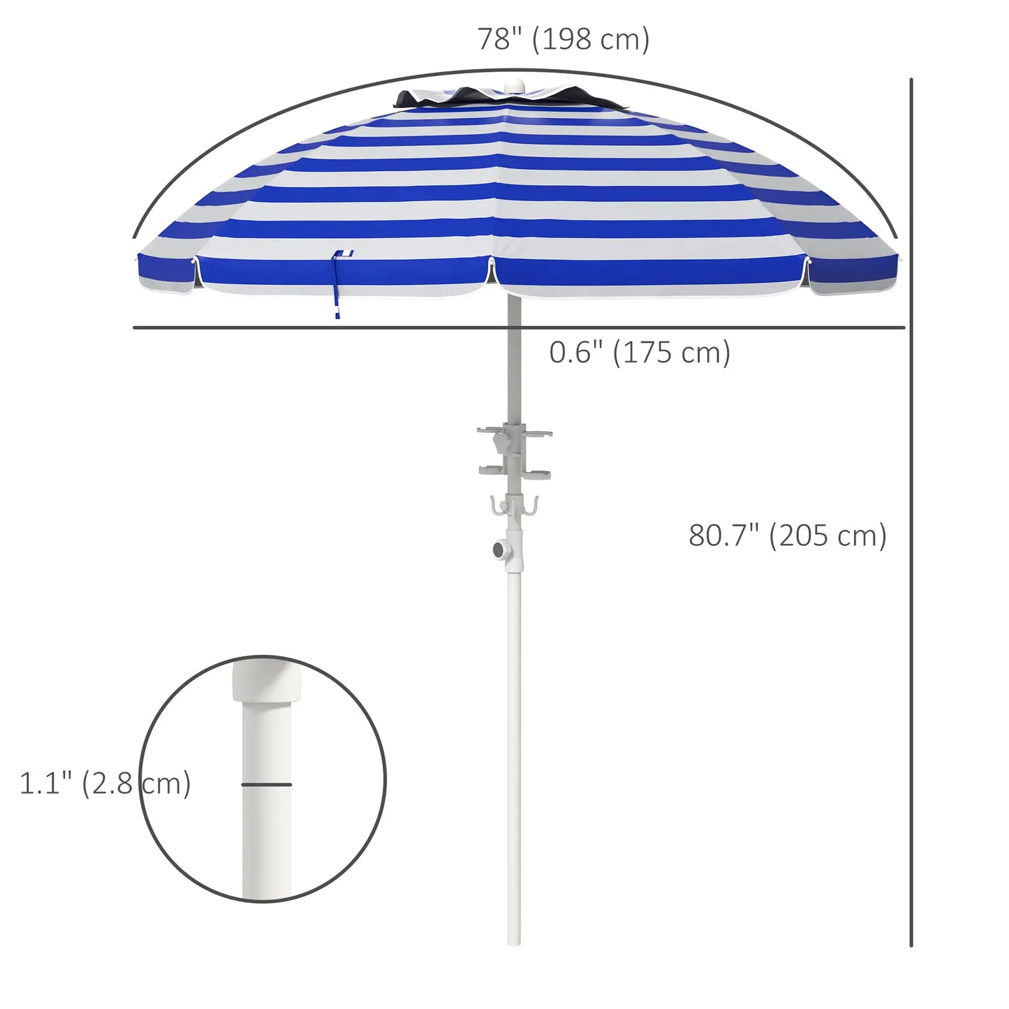 5.7' Travel Beach Umbrella, Adjustable Height, Blue and White