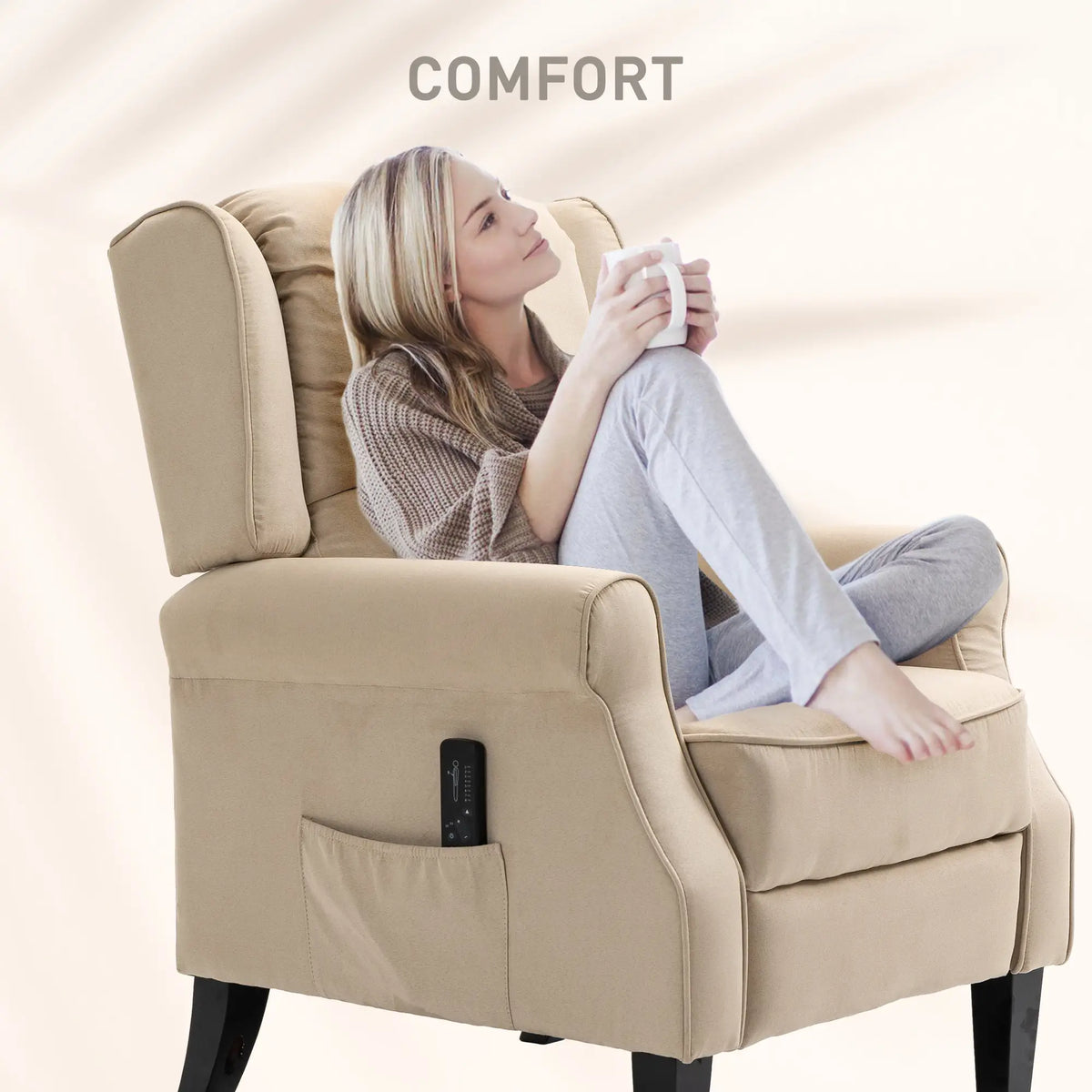 Massage Recliner Chair, Suede Wingback with Footrest, Wood Legs, Remote, Beige Single Sofas at Gallery Canada