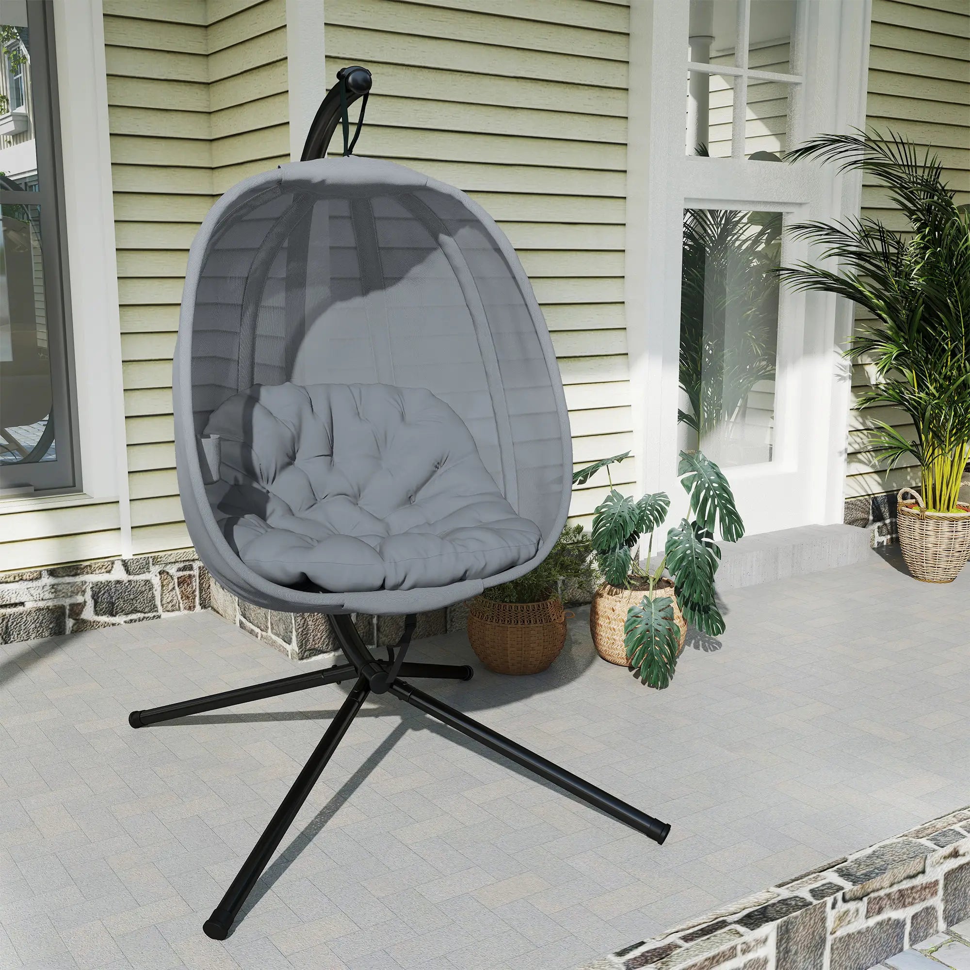 Hanging Egg Chair, Outdoor Swing with Stand, Folding Basket, Grey Patio Swings with Stand at Gallery Canada