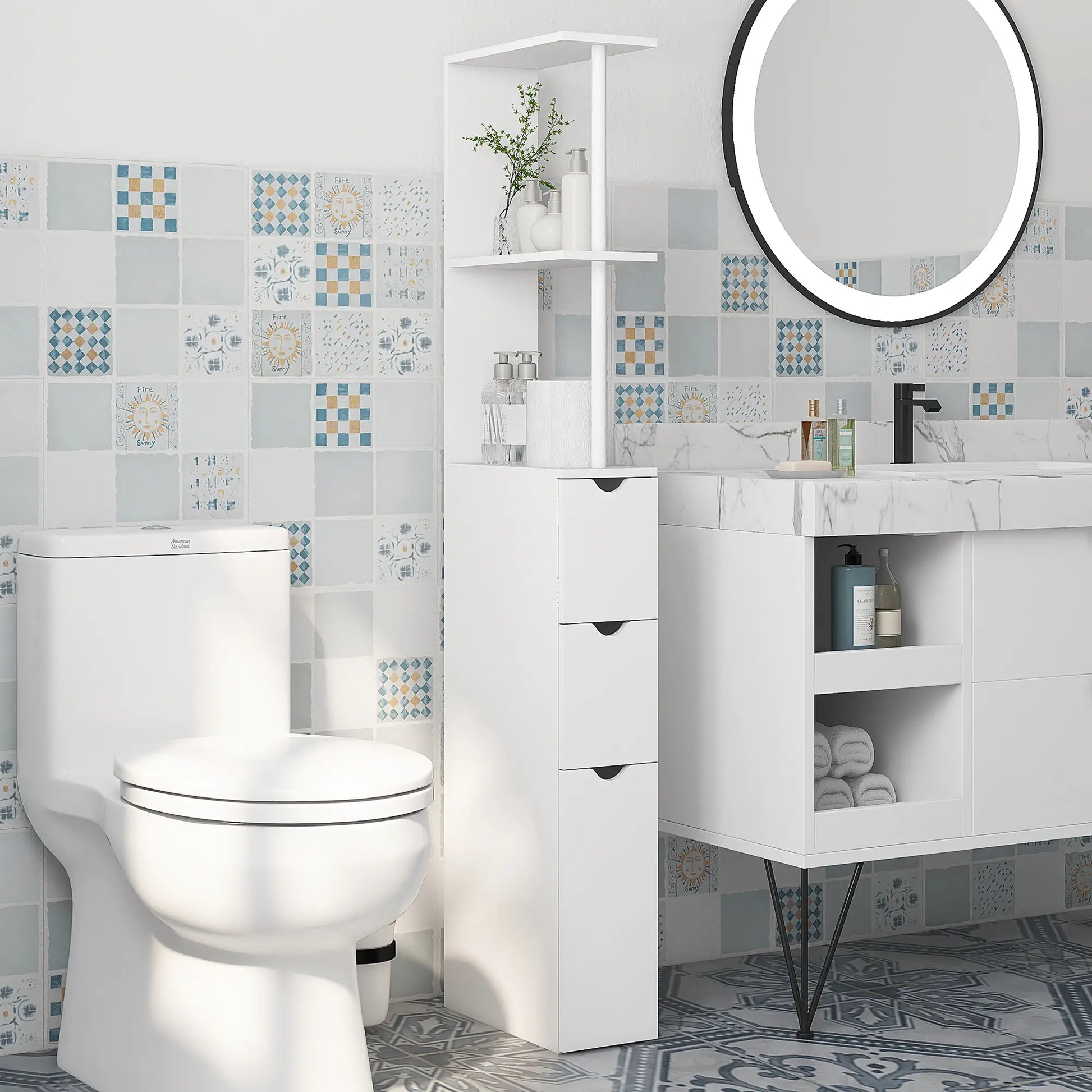 Tall Narrow Bathroom Storage Cabinet, Drawers and Open Shelves, White Bathroom Cabinets at Gallery Canada