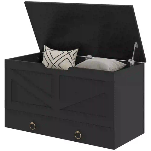 31.5 Inches Storage Chest, Wooden Box, Black Wood Grain, Black