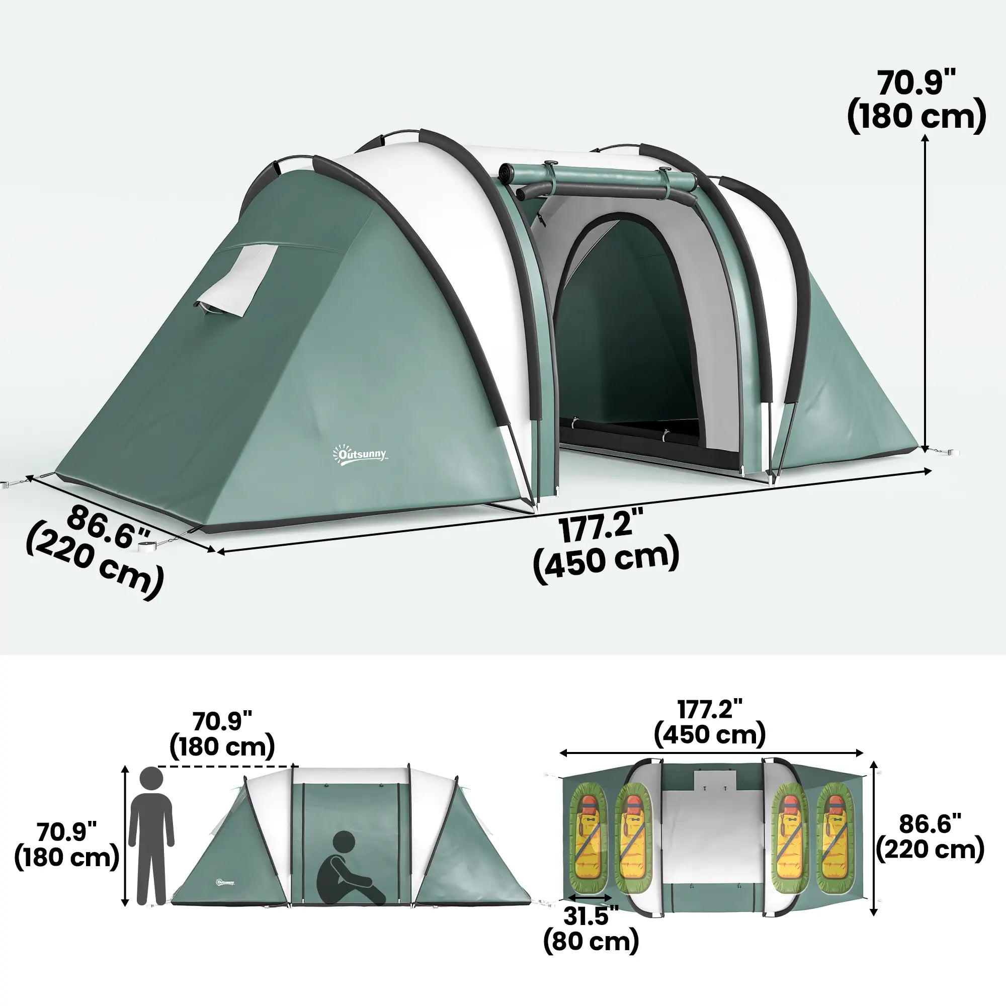 Camping Tent, 2 Bedrooms, Living Area, 3000mm Waterproof, Army Green Camping Tents at Gallery Canada