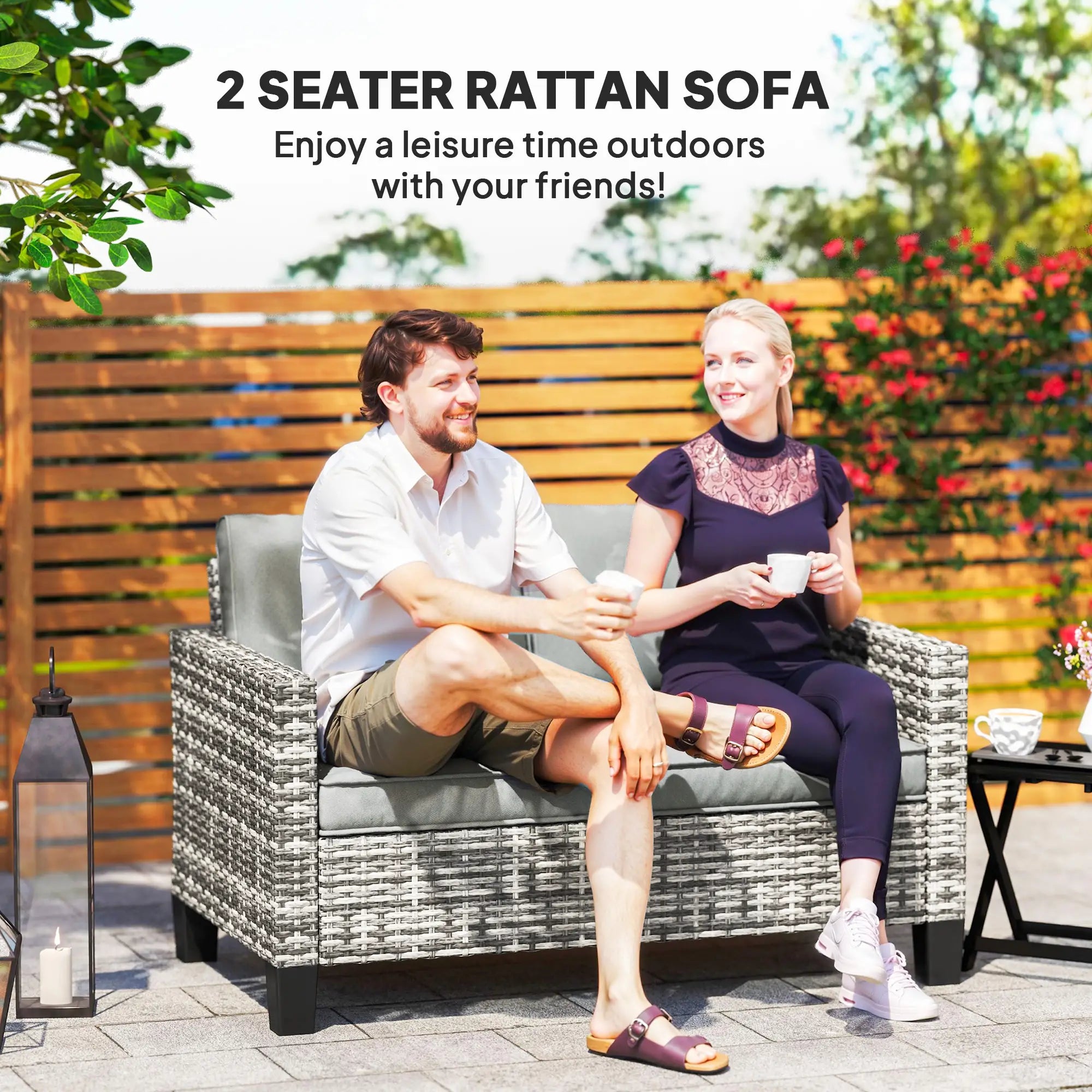 2 Seater Rattan Outdoor Sofa with Cushions, Dark Grey Patio Furniture Sets at Gallery Canada