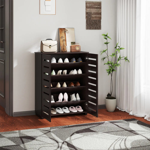 Narrow Shoe Cabinet, 2 Slatted Doors, Adjustable Shelves, Holds 15 Pairs, Dark Brown