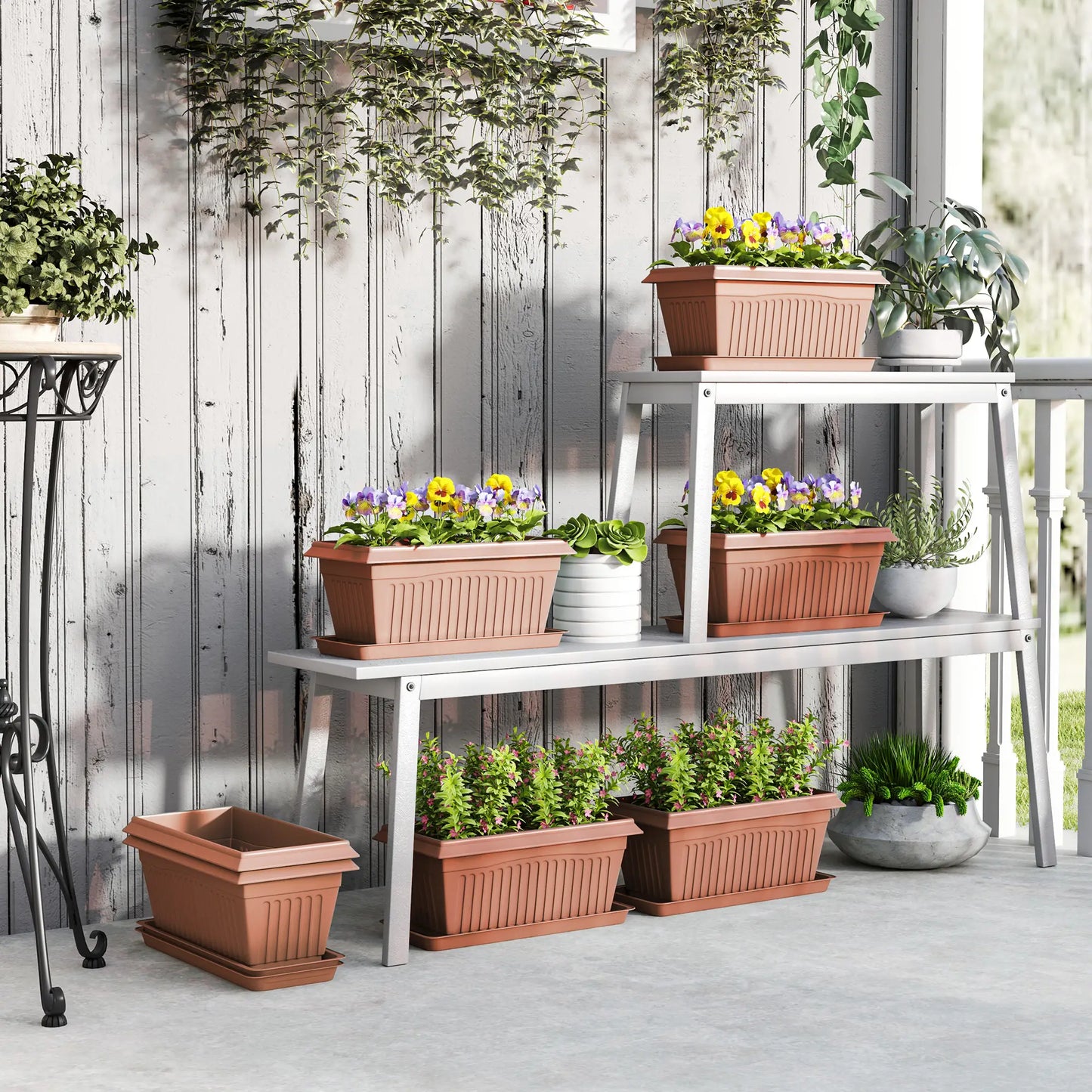 7 Pack 15.7" Plastic Flower Planters, Drainage Holes, Trays, Brown Garden Accessories at Gallery Canada