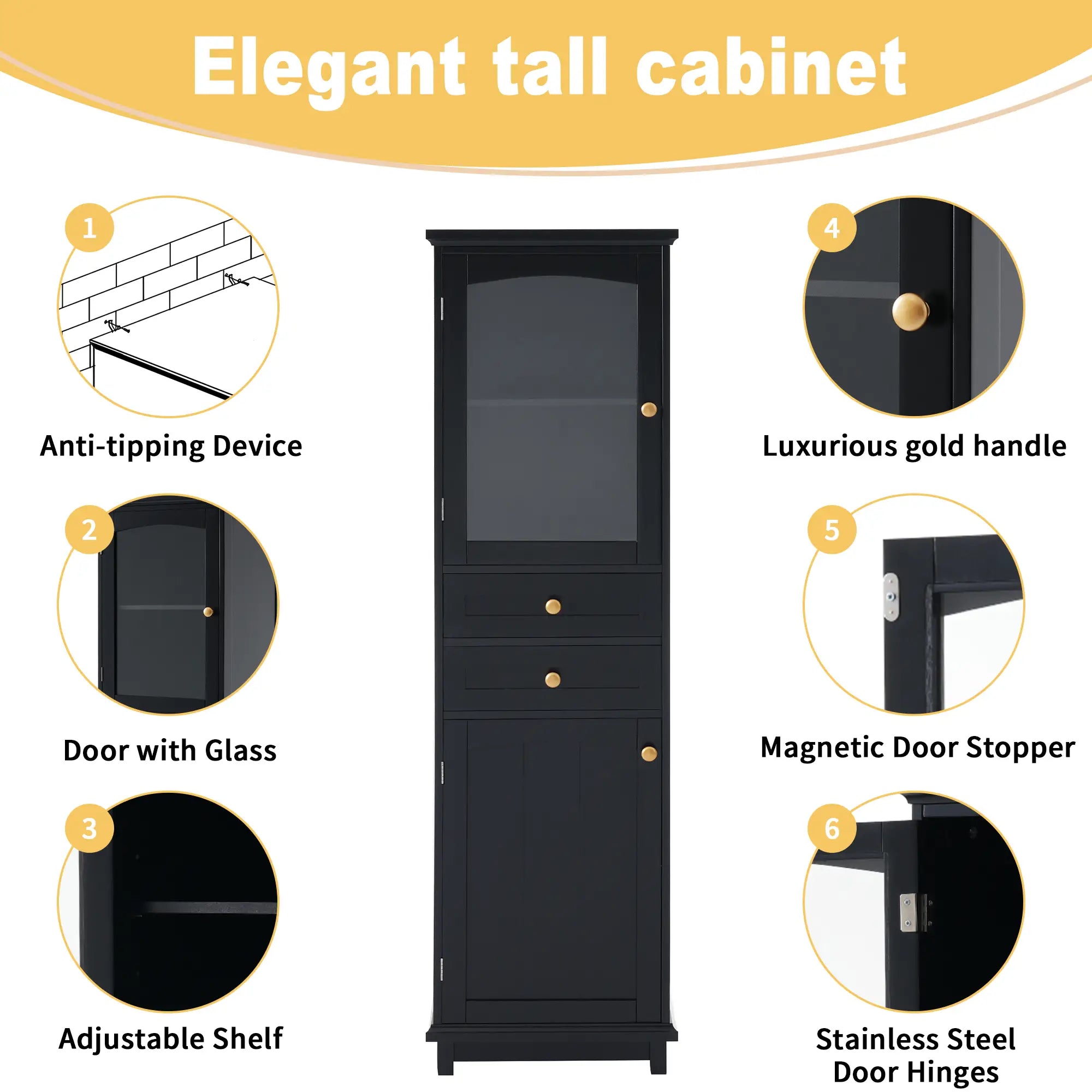 Bathroom Storage Cabinet, Glass Doors, Adjustable Shelves, 18