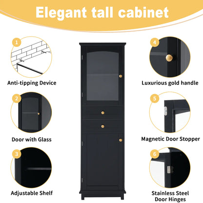 Bathroom Storage Cabinet, Glass Doors, Adjustable Shelves, 18" L x 14" W x 63" H, Black Bathroom Cabinets at Gallery Canada
