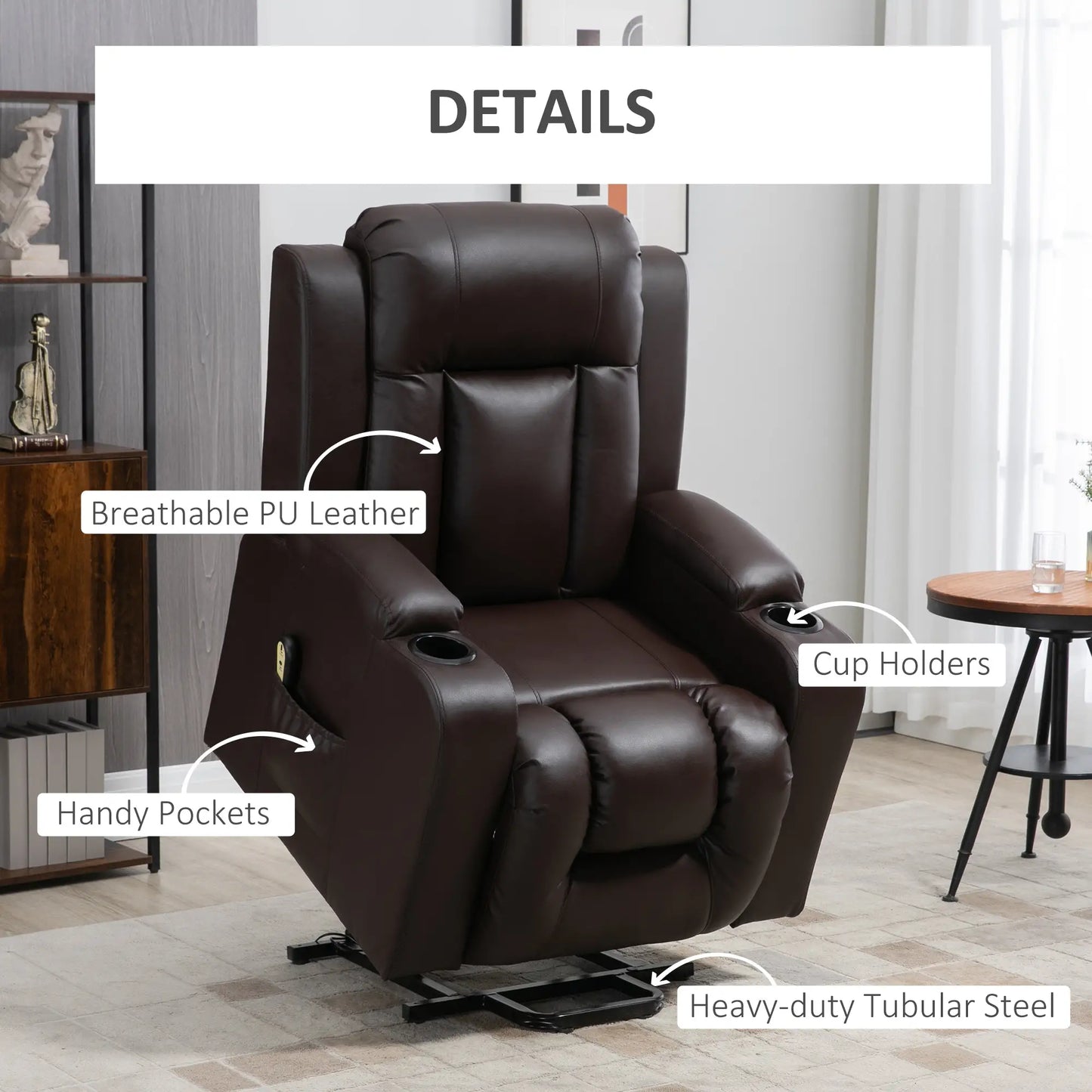 Electric Power Lift Chair, PU Leather Recliner Sofa with Footrest, Remote Control and Cup Holders, Brown Electric Power Lift Chairs at Gallery Canada