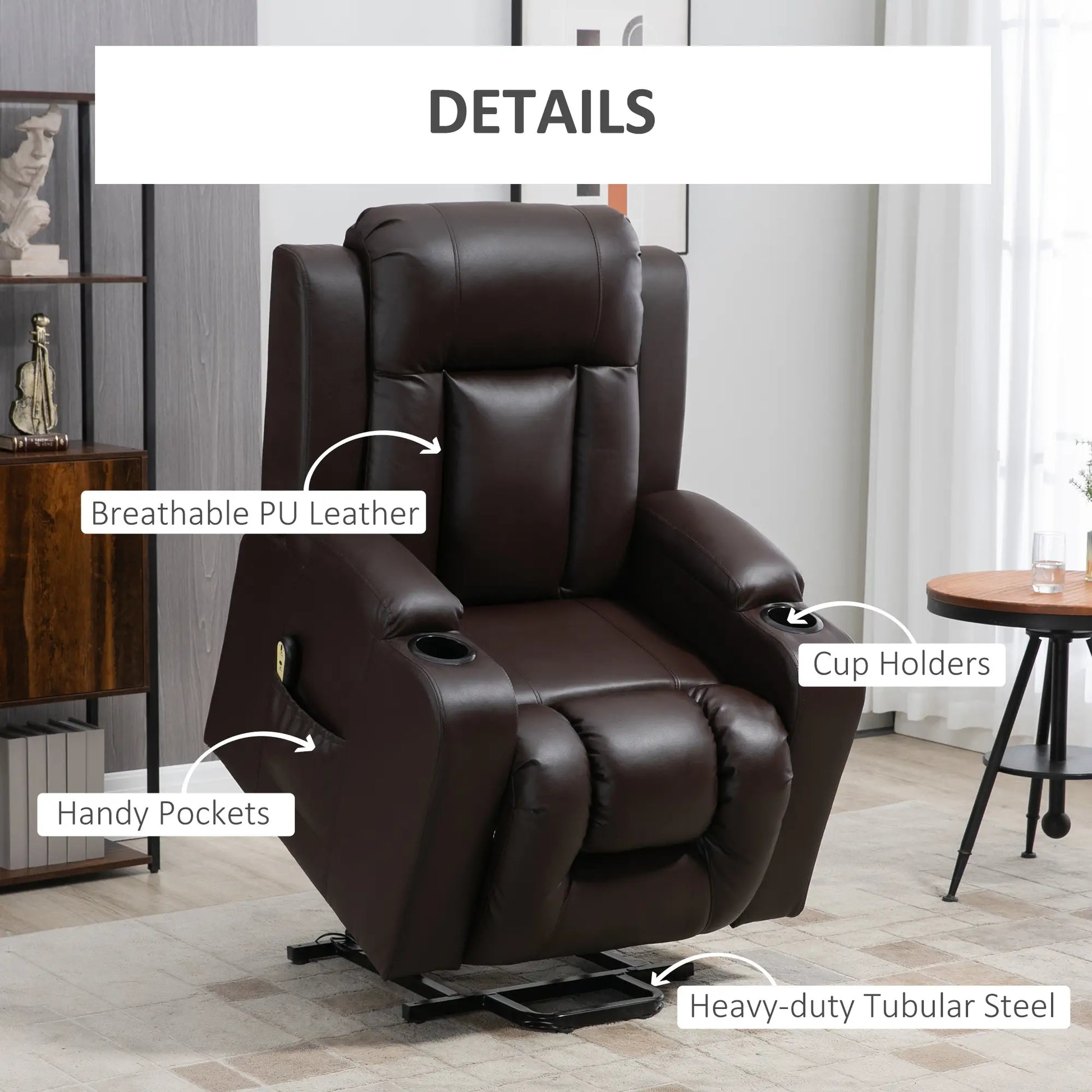 Electric Power Lift Chair, PU Leather Recliner Sofa with Footrest, Remote Control and Cup Holders, Brown Electric Power Lift Chairs at Gallery Canada