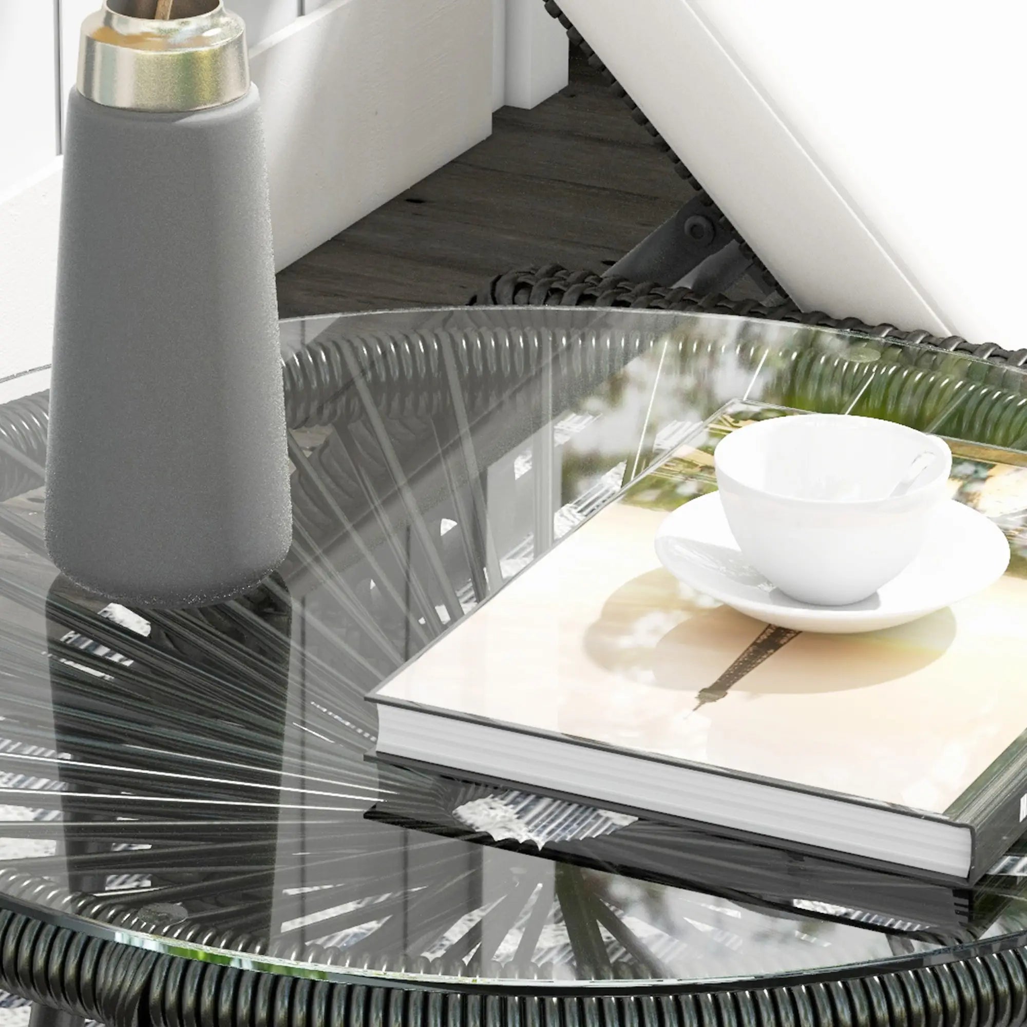 Round Rattan Side Table, Outdoor, PE Rattan, Tempered Glass Top, Black Patio Side Tables at Gallery Canada